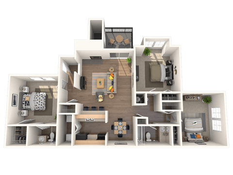 Floor plan for 3 beds, 2 baths, 1100 sqft